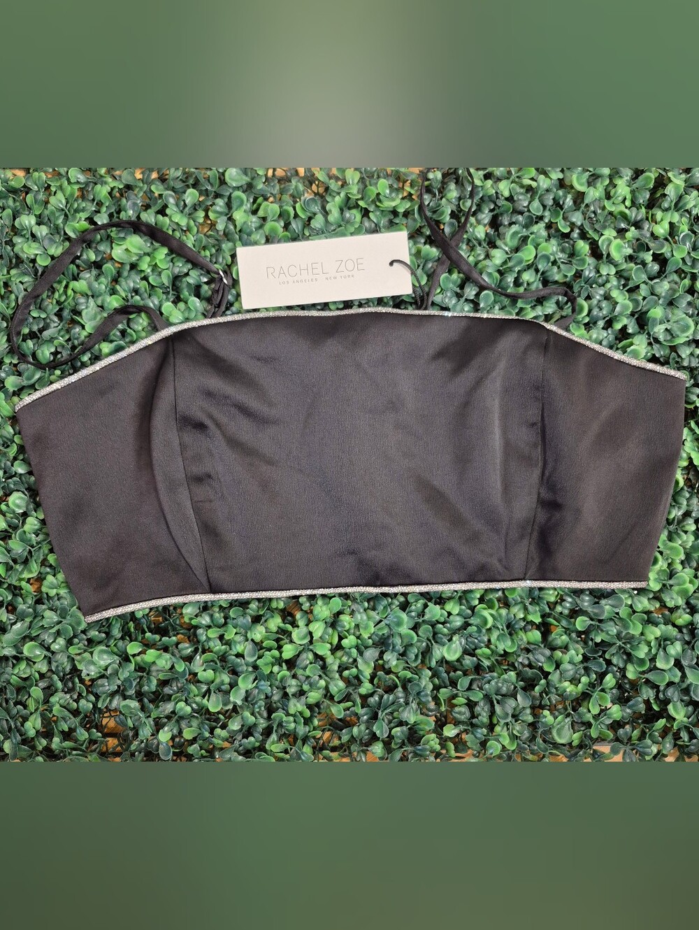 Satin Rachel Zoe Pewter Rhinestone Trim Crop Top in Black Size 6/medium NWT